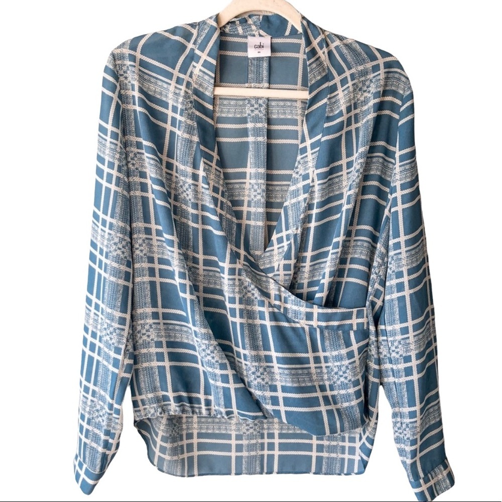 Cabi Sheer V Neck Blouse Windowpane Plaid Long Sleeve Blue Size XS Career Casual